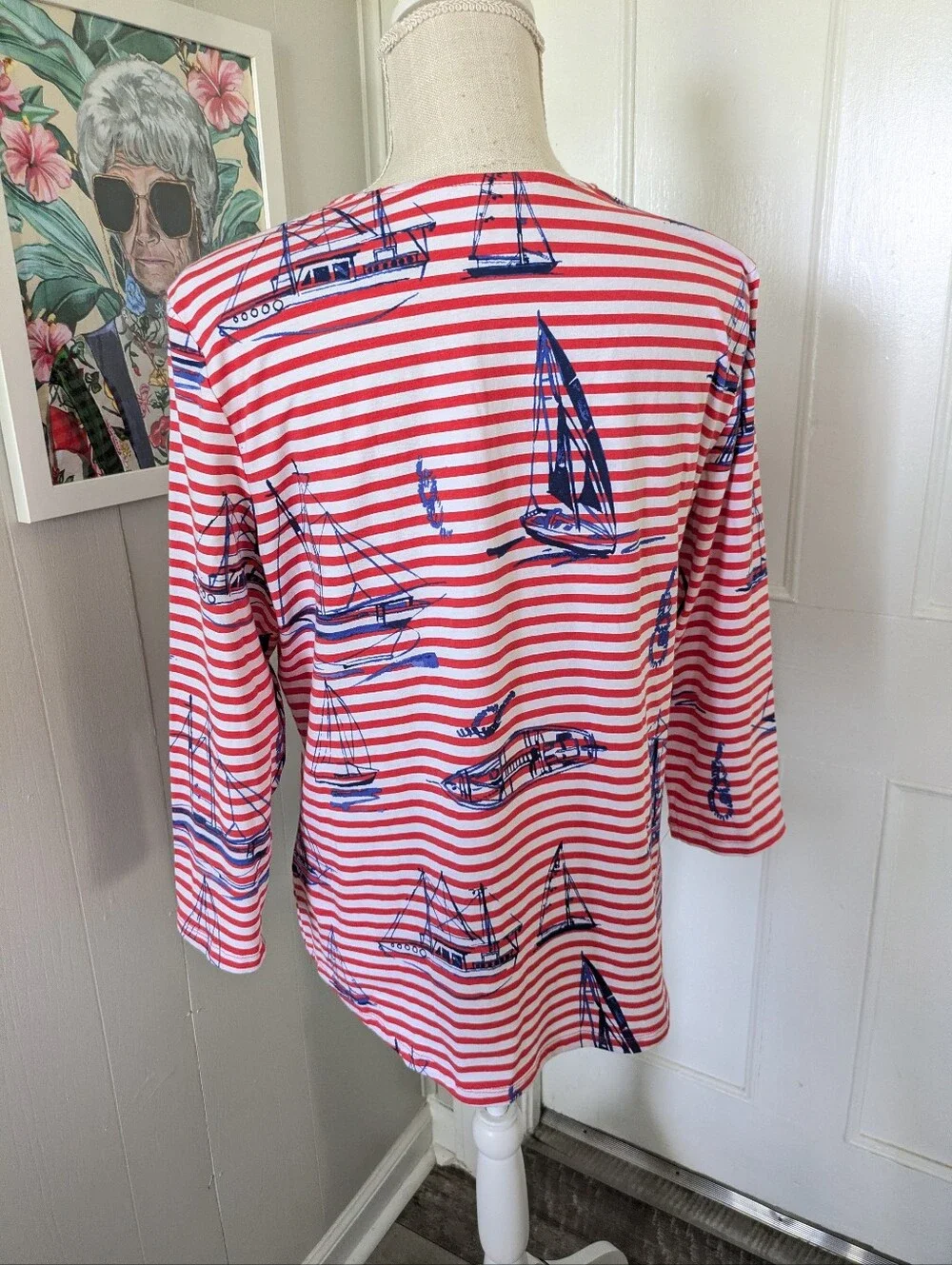 Red White Striped Nautical Top Sailing Coastal Embroidered Size L